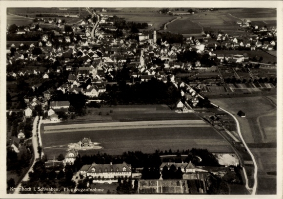 Postcard Krumbach Swabia, aerial view of many houses, fields, church tower