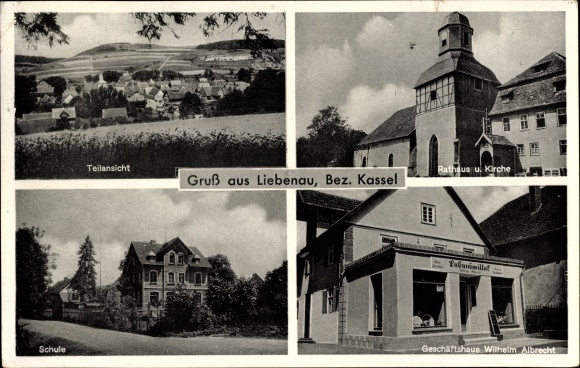 KP Liebenau w Hesji, częściowy widok na miasto, ratusz, kościół, szkoła, sklep, właściciel Wilhelm Albrecht