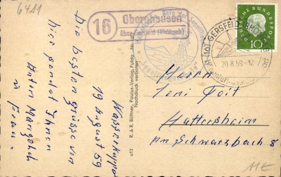 Stempel pocztowy krajowy (16) Obernhausen Gersfeld w Rhön, 20 sierpnia 1959 na pocztówce