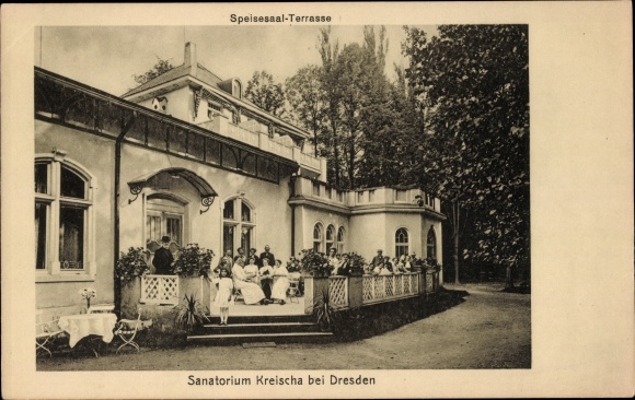 Postcard Kreischa in the Ore Mountains, view of the sanatorium, dining room, terrace