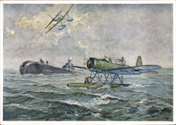 Artist Postcard Matejko, T., Launch of the British submarine Seal by two Arado aircraft Ar196
