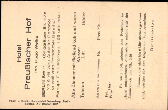 Postcard Berlin Kreuzberg, Hotel Preussischer Hof, Königgrätzer Strasse 117