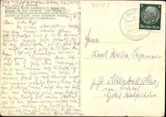 Postcard Calden in Hessen, Wilhelmsthal Castle, Inn and Café Lindenheim