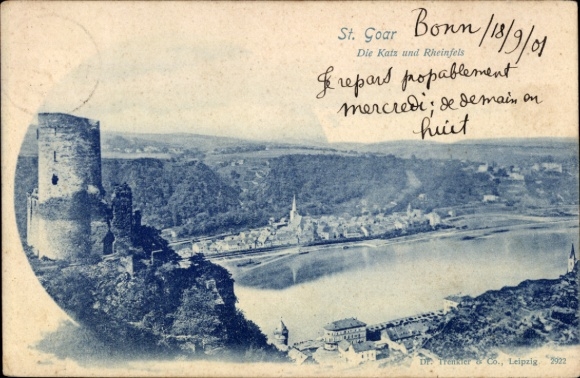PC Bonn on the Rhine, view of Rheinfels, Katz, river landscape, from 1901