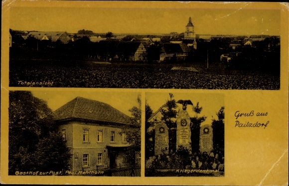Postcard Paitzdorf in Thuringia, general view, Gasthof zur Post, war memorial