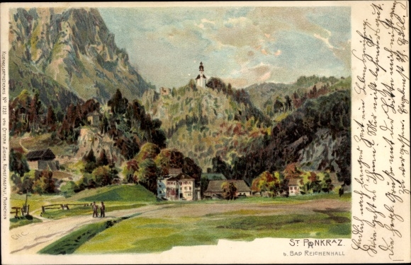 Chromo-Litho Karlstein Bad Reichenhall in Upper Bavaria, pilgrimage church of St. Pankraz