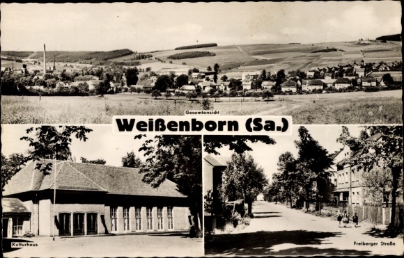 Postcard Weißenborn Erzgebirge, general view, culture house, Freiberger Straße