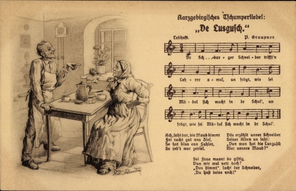 Song artists Postcard Schneider, Rud., Aarzgebirge Tschumperliedel, De Lusgusch, P. Graupner