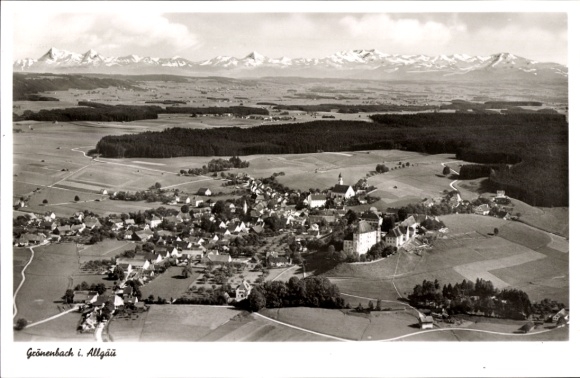 Postcard Bad Grönenbach in Allgäu, landscape view, mountains in the background, village view, buildings