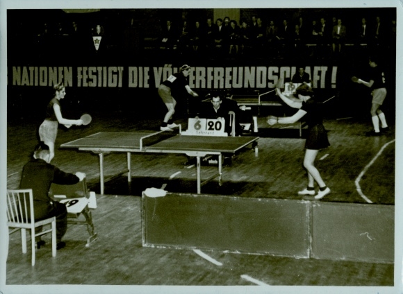 Photo table tennis, international tournament juniors CSR GDR 1954, German sports hall, friendship between peoples