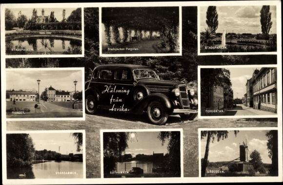 Postcard Arvika Värmland Sweden, Cars, City Park, Market Square, Svandammen, Sägudden