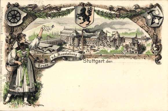 Postwaardestuk Stuttgart in Württemberg, tentoonstelling 1896, feestzaal, wapenschild, vrouw in klederdracht