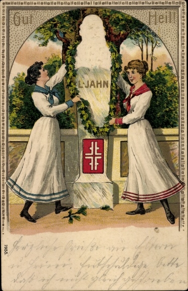 Embossed Chromo-Litho Women adorn Jahn&#39;s monument, Turnerkreuz