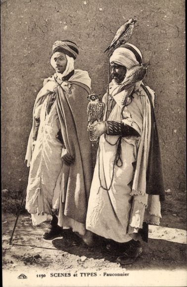 Postcard falconer, Arab in traditional costume, Maghreb