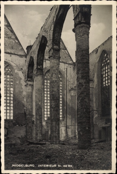 zdjęcie Middelburg Zeeland, kościół, widok wnętrza, zniszczenia wojenne, II wojna światowa