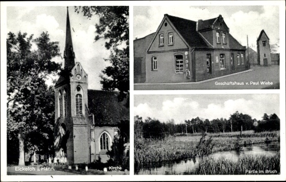 Postcard Eickeloh in Lower Saxony, church, commercial building, in Bruch