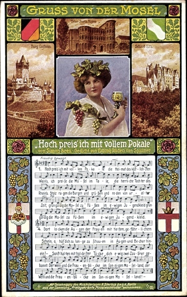 Lied Ak Breu, Simon, Trier an der Mosel, Hoch preis ich mit vollem Pokale, Porta Nigra, Burg Cochem