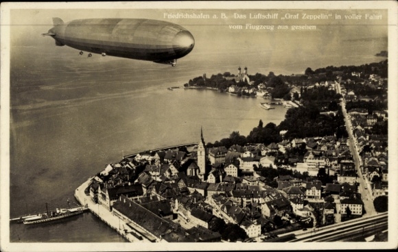 Postcard Friedrichshafen on Lake Constance, airship Graf Zeppelin, aerial photograph