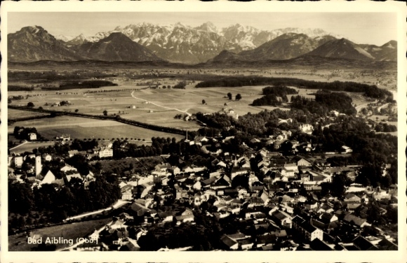 Postcard Bad Aibling in Upper Bavaria, landscape photo, mountains, village view,