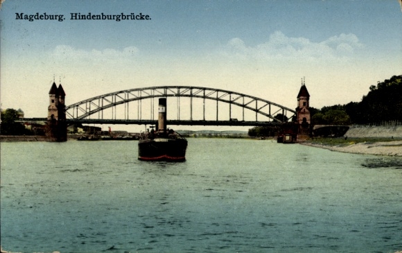 Postcard Magdeburg on the Elbe, Hindenburg Bridge, Steamer Nobe