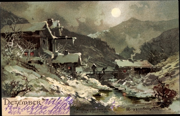 Artist PC Guggenberger, December, winter landscape, house on a river, moonlight