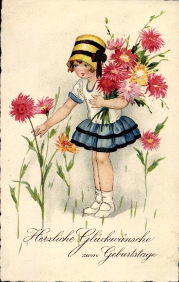 Postcard birthday wishes, girl picking flowers