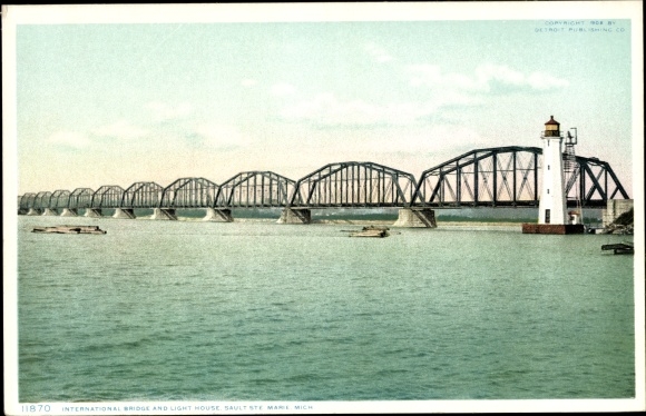 Postcard Sault Sainte-Marie Michigan USA, International Bridge and Lighthouse