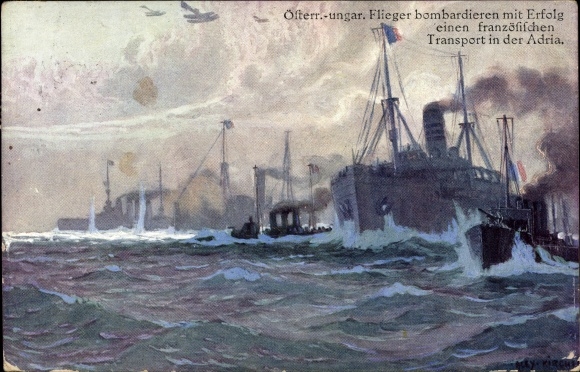 Artist PC Kircher, A., Austrian planes bomb French transport in the Adriatic Sea