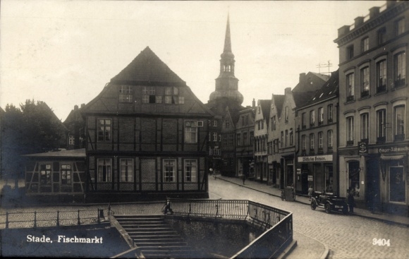 Postcard Stade in Lower Saxony, fish market, half-timbered house, church