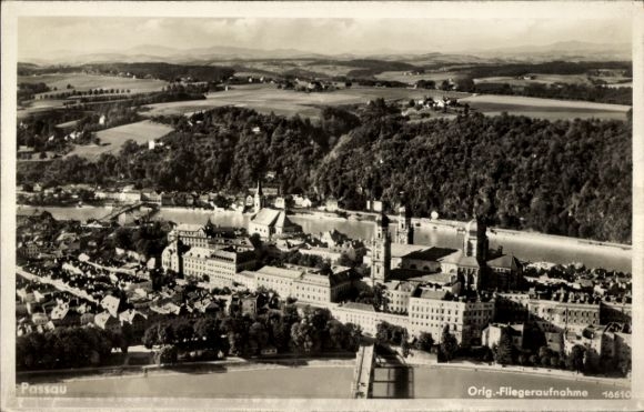 Postcard Passau in Lower Bavaria, aerial photograph of cityscape, rivers, landscape