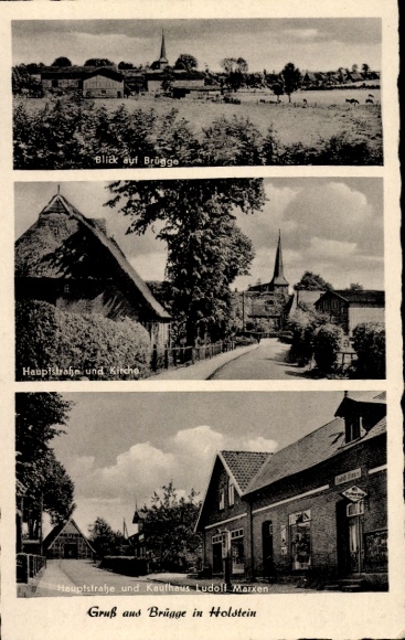 Ak Brügge in Holstein, Blick auf Brügge, Hauptstraße und Kirche, Kaufhaus Ludoll Marxen