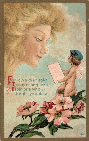 Jugenstil Ak Liebesengel, Amor mit Brief, Frauenbildnis