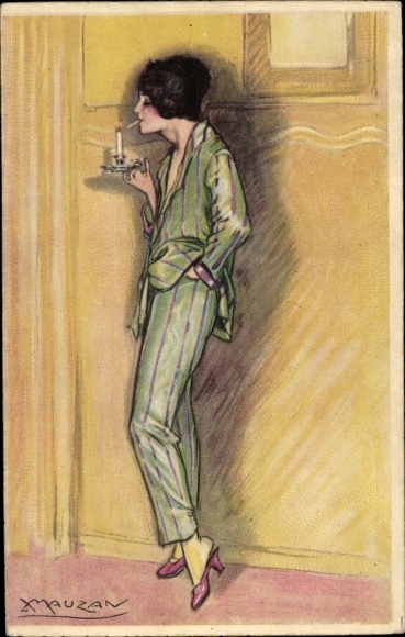 Artist Postcard Mauzan, woman in pajamas lights a cigarette