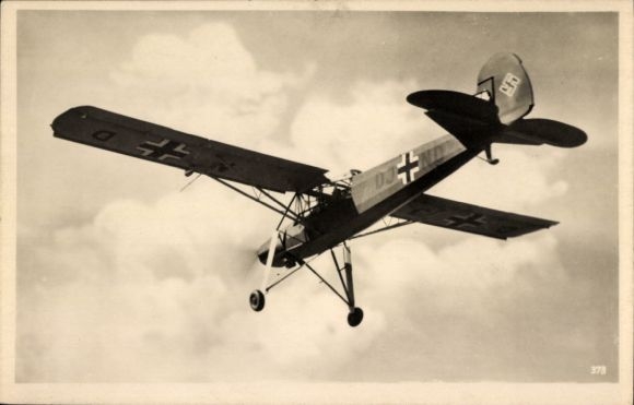 Postcard German Air Force, Fieseler Fi 156 Storch fighter aircraft taking off, DJ+ND