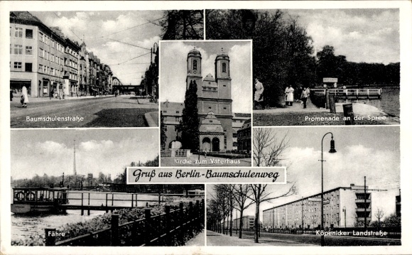Postcard Berlin Treptow Baumschulenweg, Baumschulenstraße, promenade on the Spree, ferry, church