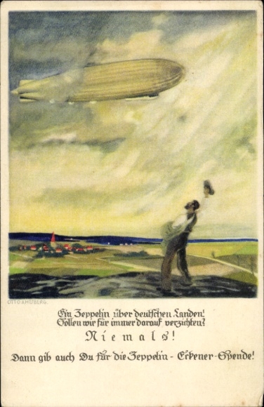 Kunstenaarskaart Amtberg, Otto, Zeppelin Eckener donatie, zwaaiende man, luchtschip