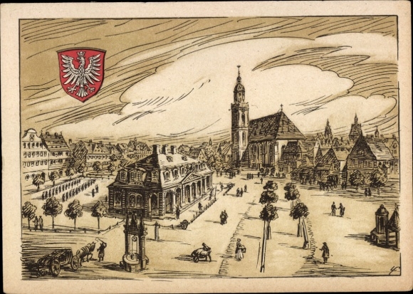 Künstler Ak Frankfurt am Main, an der Hauptwache, Kirche, Ziehbrunnen, Wappen
