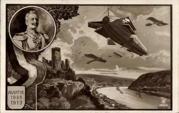 Postcard Zeppelin and Aircraft, Aviation 1888-1913, Kaiser Wilhelm II.