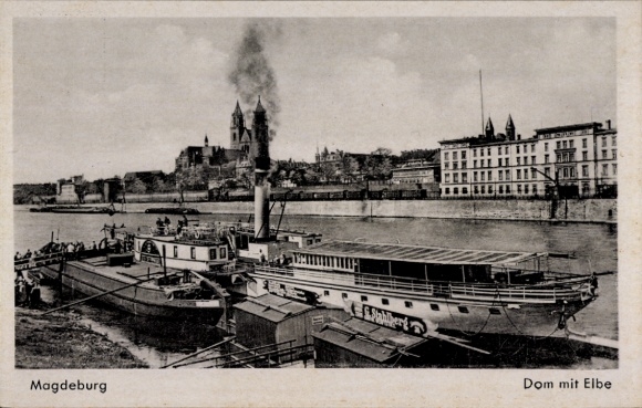 Ak Magdeburg in Sachsen Anhalt, Blick auf den Dom mit Elbe, Dampfer, Ufer