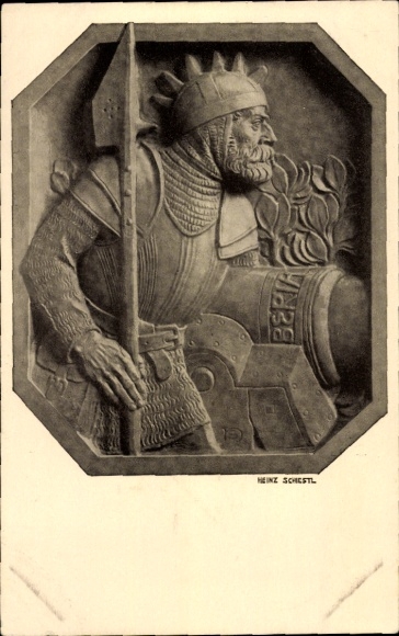 Postcard sculpture by Heinz Schiestl, brother of Matthäus, soldier, knight, relief