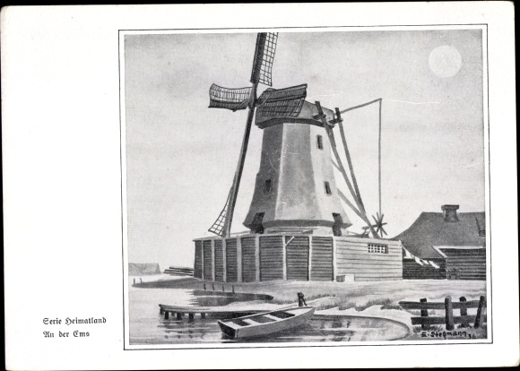 Künstler Ak Stegmann, E., Partie an der Ems, Windmühle