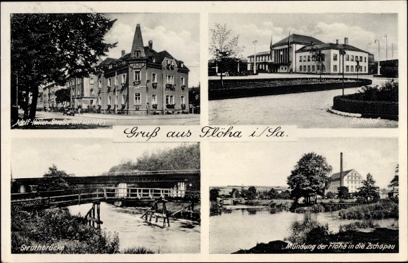 Ak Flöha in Sachsen, Bahnhof, Struthbrücke, Adolf Hitler Straße, Rathaus, Flöhamündung