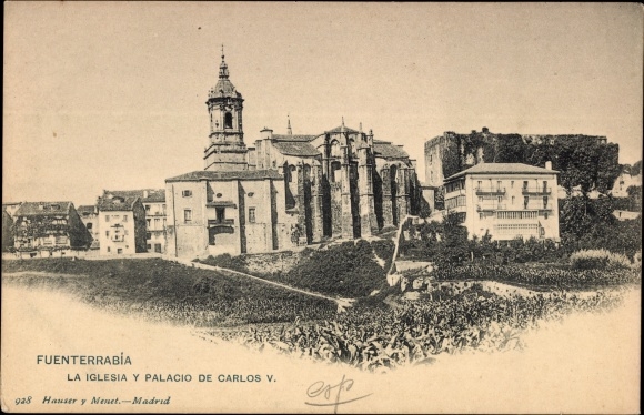 Postcard Hondarribia Fuenterrabia Baskenland, The Church and Palace of Charles V.