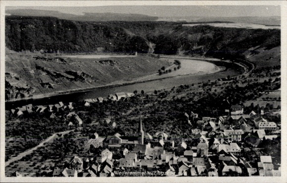 Ak Niederemmel Piesport an der Mosel, Landschaftsaufnahme, Fluss, Häuser, Kirche, Wälder