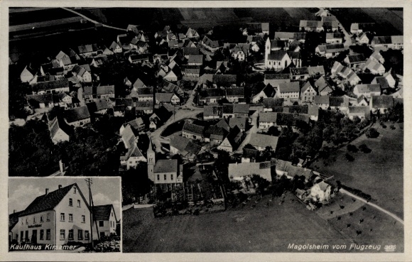 Postcard Magolsheim Münsingen in Württemberg, aerial photograph, Kirsamer department store