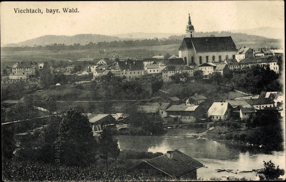 Postcard Viechtach in the Bavarian Forest of Lower Bavaria, total view of the village, church