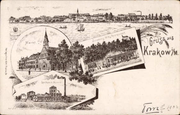 Chromo-Litho Krakow am See in Mecklenburg, market, fuel factory, restaurant