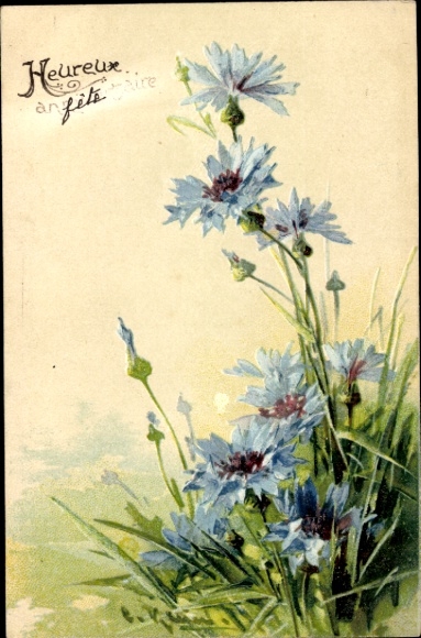 Artist Postcard Klein, C., Congratulations, Blue Flowers