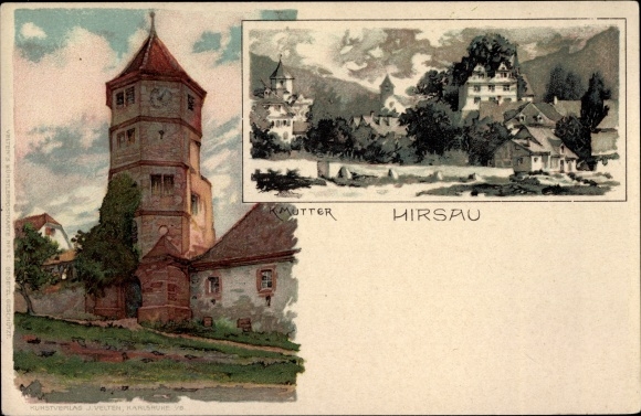 Artist Chromo-Litho mother, K., Hirsau Calw in Baden Württemberg, view of a tower, houses