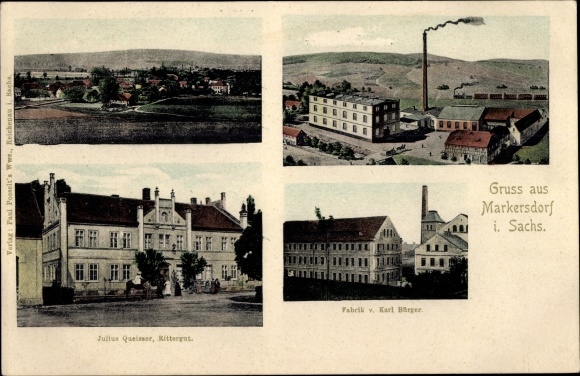 Ansichtkaart Markersdorf in Saksen, fabriek Karl Bürger, landhuis Julius Queisser